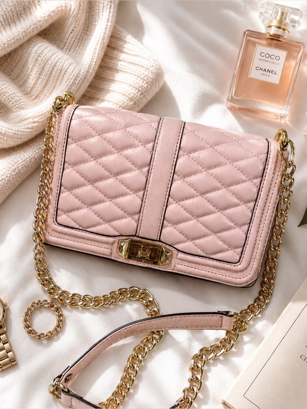 Rebecca Minkoff Blush Quilted Leather Crossbody Gold Chain‎ Designer